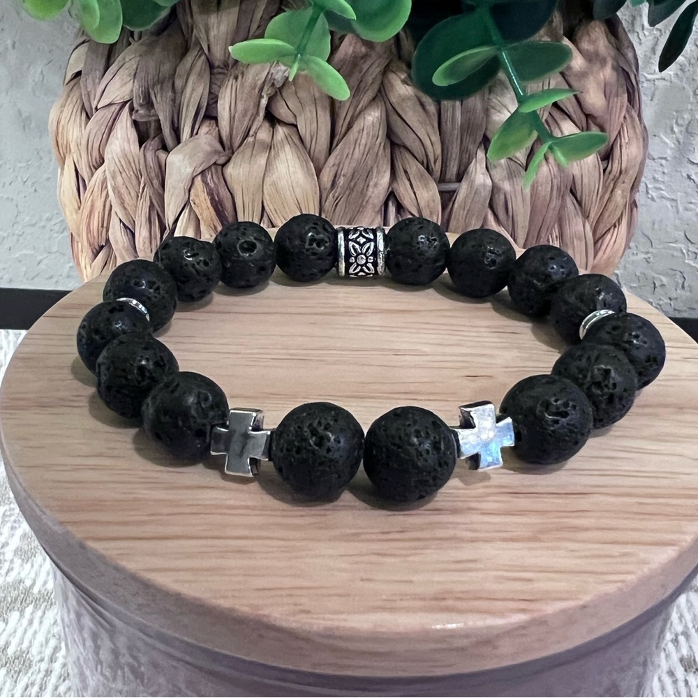 NWOT - Black Lava Stone Double Cross Men’s Stretch Bracelet with Silver Accents